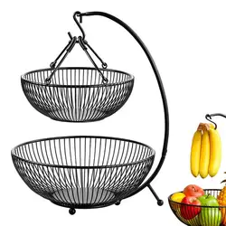 Kitchen Fruit Basket Stand Countertop Vegetable Basket With Banana Hanger Metal 2-Tiered Fruit Basket Handheld Detachable
