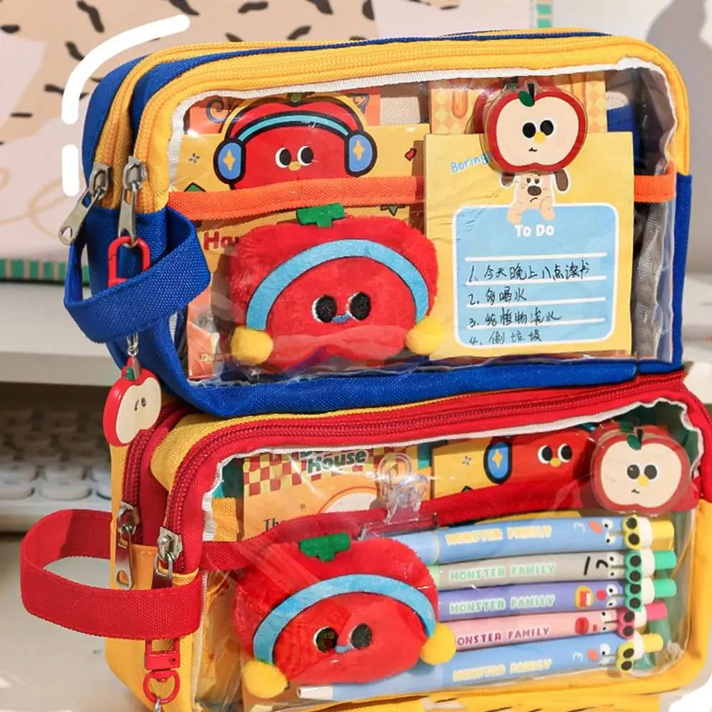 Durable Multi-layer Contrast Color Pen Bag Large Capacity Portable Stationery Storage Box Transparent DIY Pen Pouch School