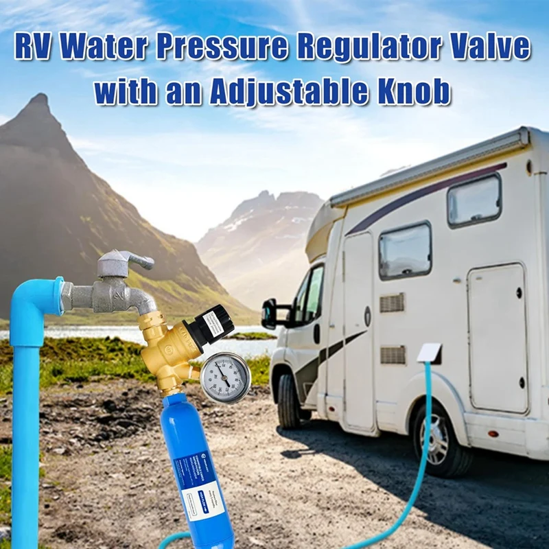 RV Water Pressure Regulator, Adjustable Handle Brass Water Pressure Regulator With Gauge And Inlet Screen Filter For RV