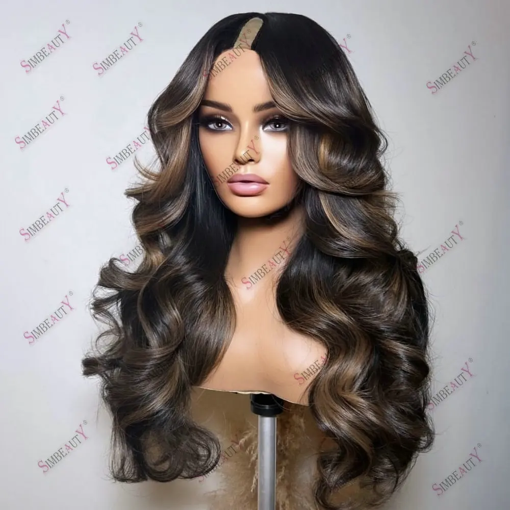 Mel marrom hightlight u parte peruca de cabelo humano onda do corpo ajustável 1*4 tamanho v parte peruca remy cabelo peruano fácil usar para mulher