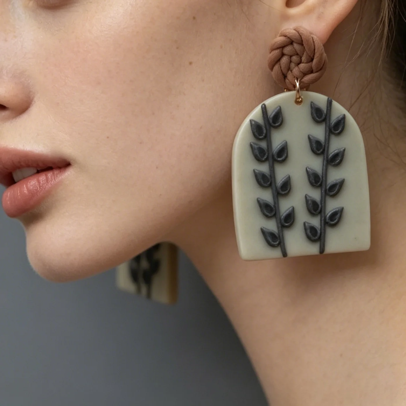 Women's Handmade Polymer Clay Earrings Set Earthy Leaf Heart Arch Braided Pattern Dangle Jewelry for Holiday Wear
