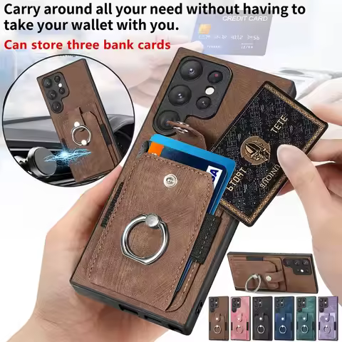 Magnetic Car Holder Leather Phone Case for Samsung Galaxy S25 Ultra S24 FE S23 Plus S22 S21 S20 Wallet Card Slot Ring Back Cover