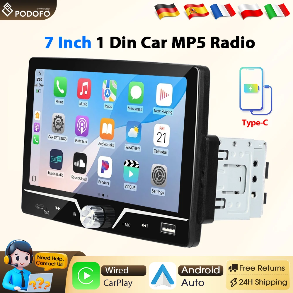 Podofo Carplay Android Radio para coche 7 pulgadas 1Din reproductor MP5 para coche HD Mirror Link reproductor de vídeo para coche BT USB FM EQ