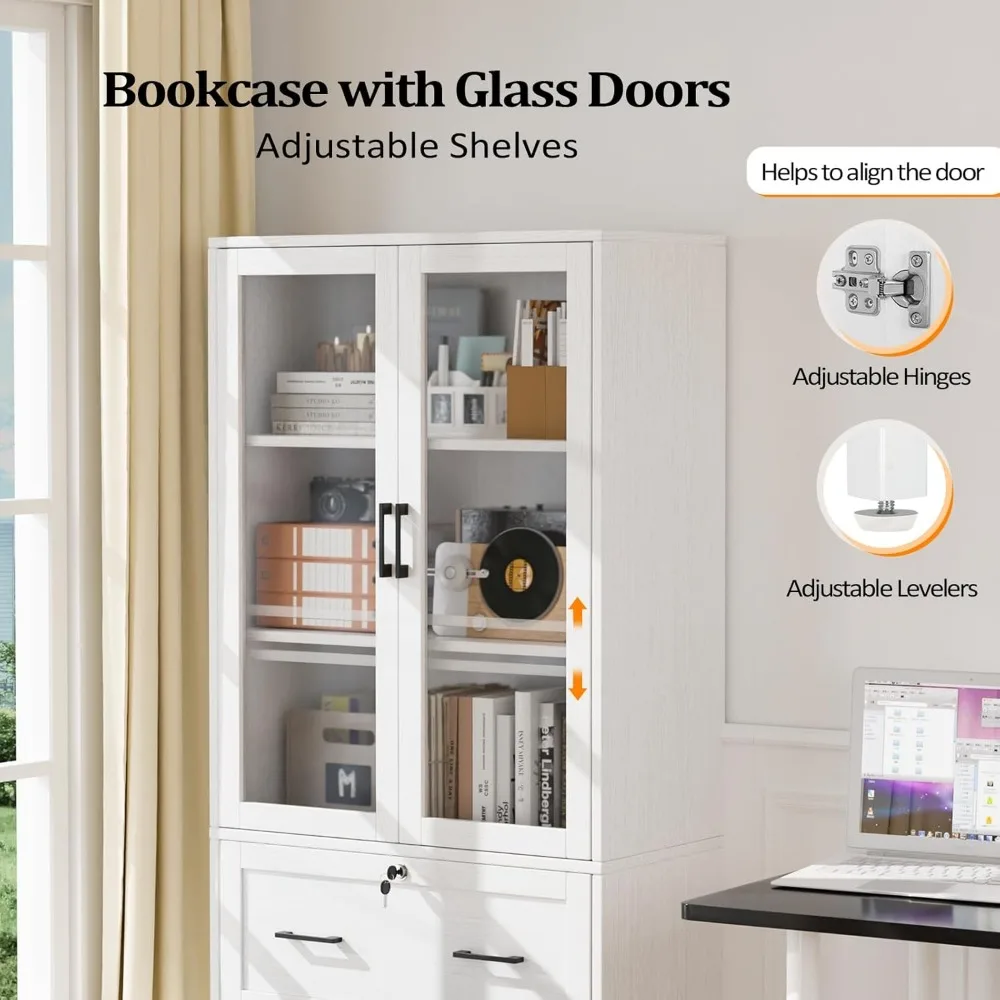 Lateral File Cabinet with Glass Doors, 2 Locking Drawers for Files, Adjustable Shelves Bookshelf for Home Office Organization