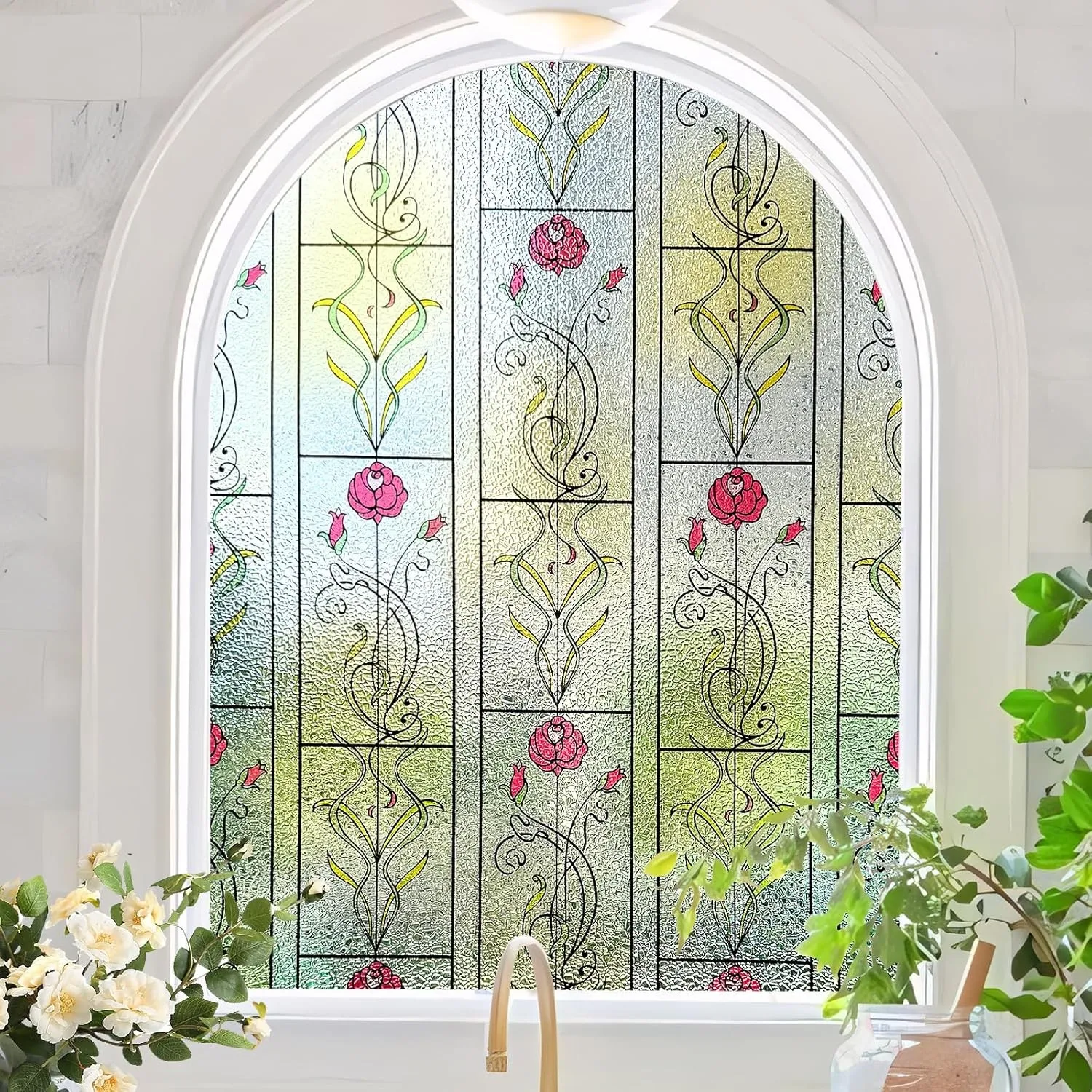 Fensterfolien, Sichtschutzfolie für Fenster, Buntglas, Milchglasfolien, dekorative Fensterfolie mit statischer Haftung mit Rosenblüten für Zuhause