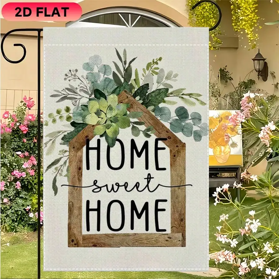 

1pc Rustic Home Sweet Home Garden Flag with Green Eucalyptus Floral House Frame, Outdoor Decorative Banner for Yard, Porch, Patio, Farmhouse Home