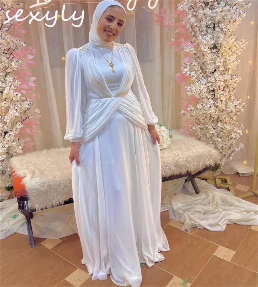 Romantic Muslim Wedding Dress Elegant Crystal Long Sleeve Boho Bride Dress Gatsby Civil Beach Bridal Vestidos Novias Customized