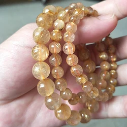 Natural Gold Rutilated Quartz Woman Man Titanium Wealthy Luck Beads Bracelet 7mm 8mm 9mm 10mm Jewelry Bangle From Brazil