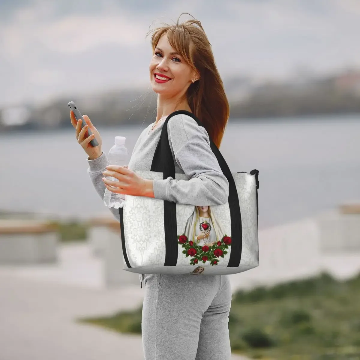 مخصص سيدة فاطمة مريم العذراء حقيبة حمل على الشاطئ حقيبة المرأة اضافية الصالة الرياضية تحمل على البرتغال الوردية الكاثوليكية حقائب تسوق السفر