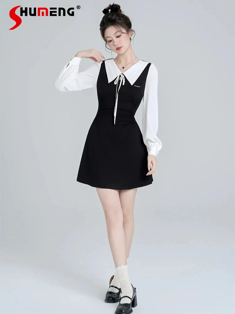 

Japanese Sweet Preppy Style Lace-up Bow Doll Collar Long Sleeve High Waist Slim Fit A-line Temperament Black Dress Women Autumn