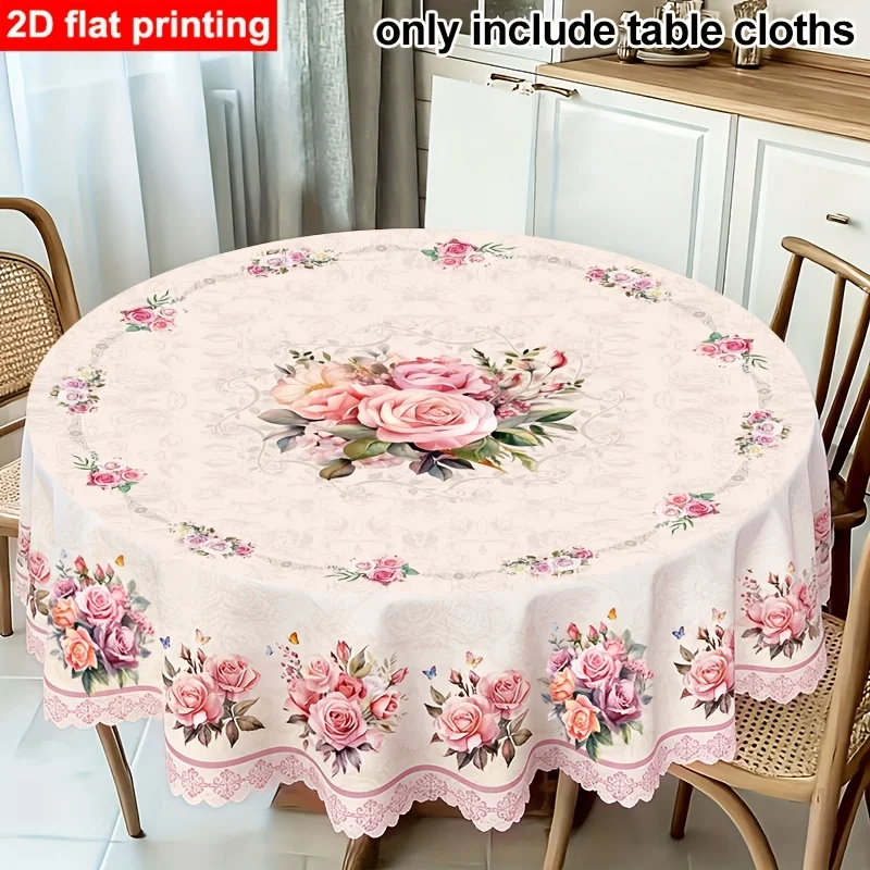 Enthält nur Tischdecke, 2D flach, 1 Stück. Romantische Vintage-Tischdecke mit Rosen- und Gänseblümchenmuster.