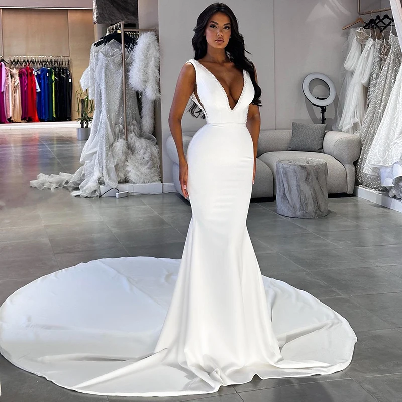 

Eightree Formal White Mermaid Wedding Dresses V-Neck Sweep Train Wedding Gowns Boho Beach Bridal Prom Dress vestido de noiva