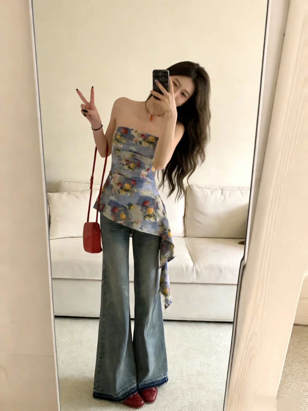 

Beloved Thousand Gold Pure Desire Slim Fit Tube Top without Sleeve Oil Painting Floral Design Irregular Retro Style Women's T...