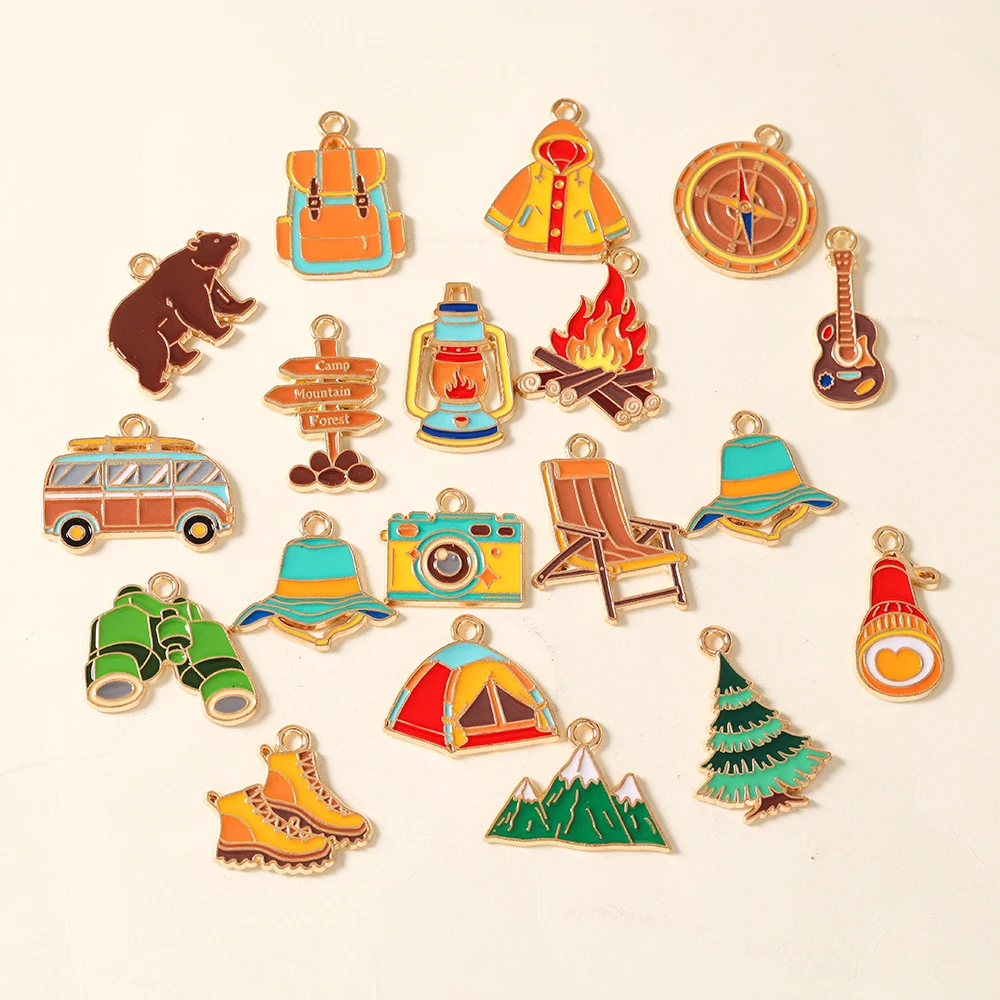 20pcs Enamel Wild Camping Tent Charms Cute Camera Hat Shoes Mountain Hiking Pendants for Necklace DIY Earrings Jewelry Making