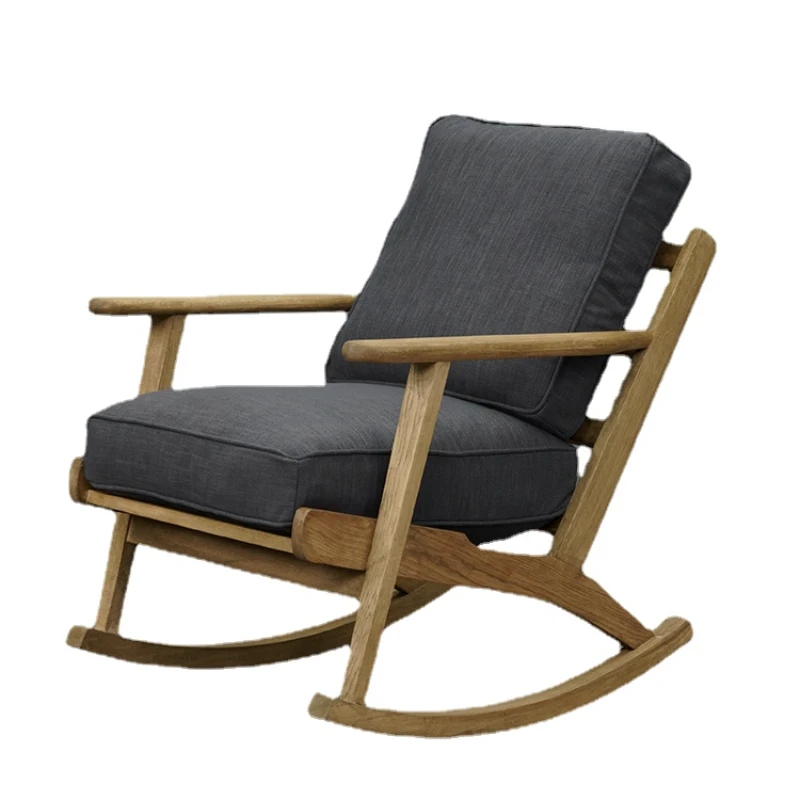 Zl Oak Rocking Chair Vintage Solid Wood Distressed Cotton Linen down Leisure Recliner