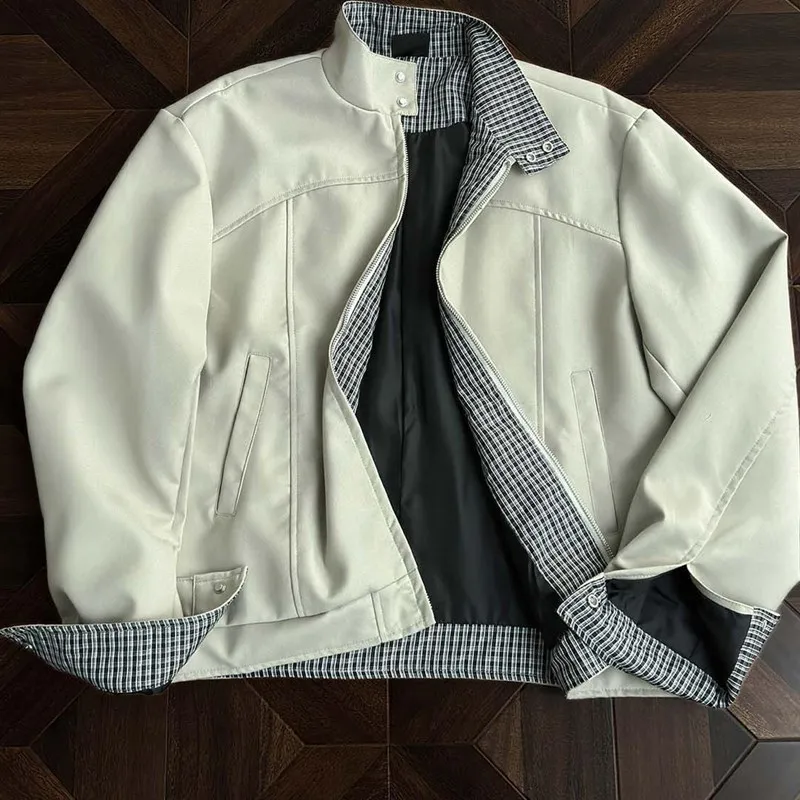 

Casual Plaid Stand Collar Jaet for Men Vintage Sle High Street Faion American Sle Polyester Fiber Long Sve Coat