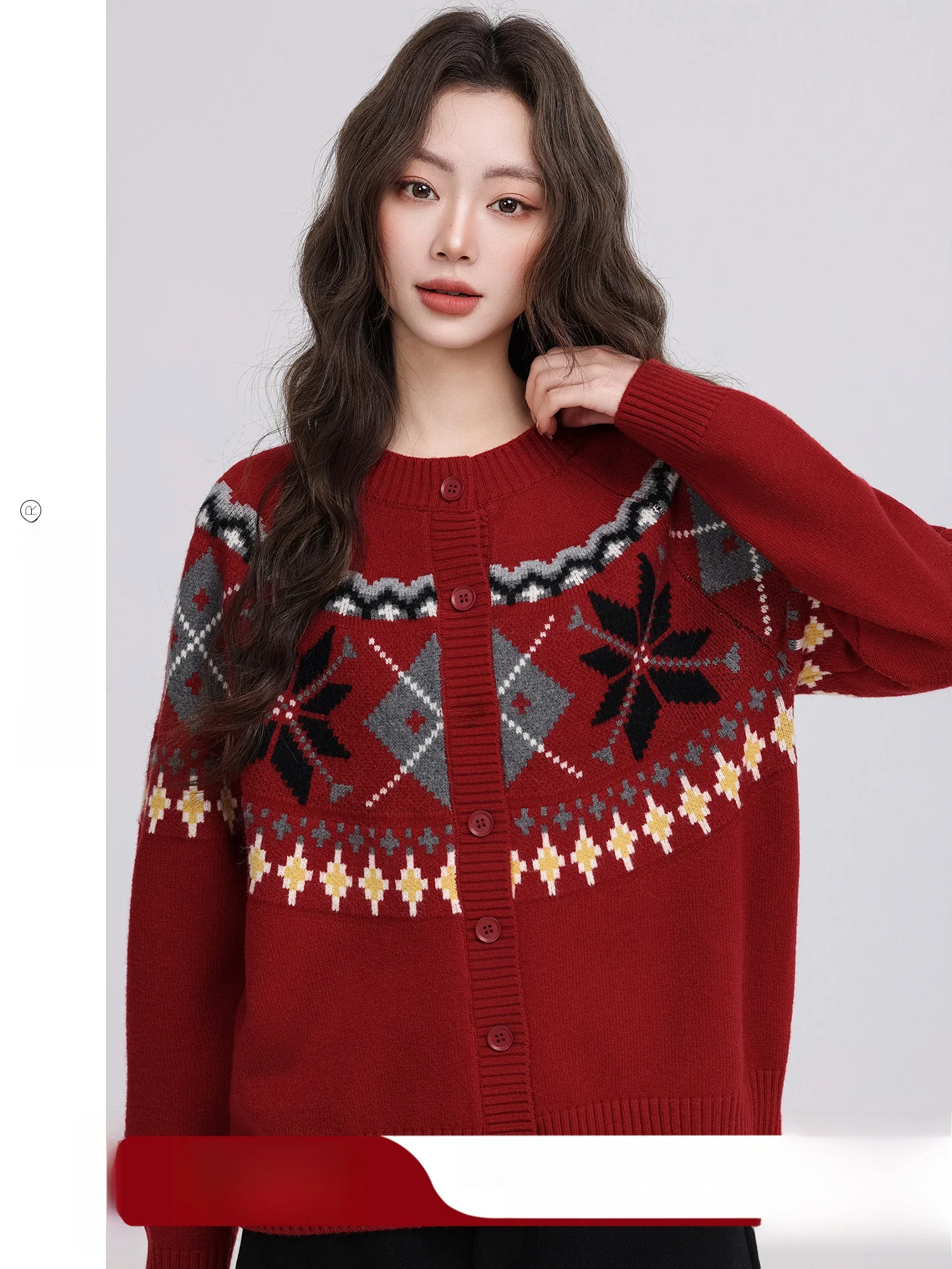 

Ретро-кардиган красного цвета, вязаный, женский, весенний, новогодний, с цветочной вышивкой, длинный рукав, свободный крой, мягкий полиэстер