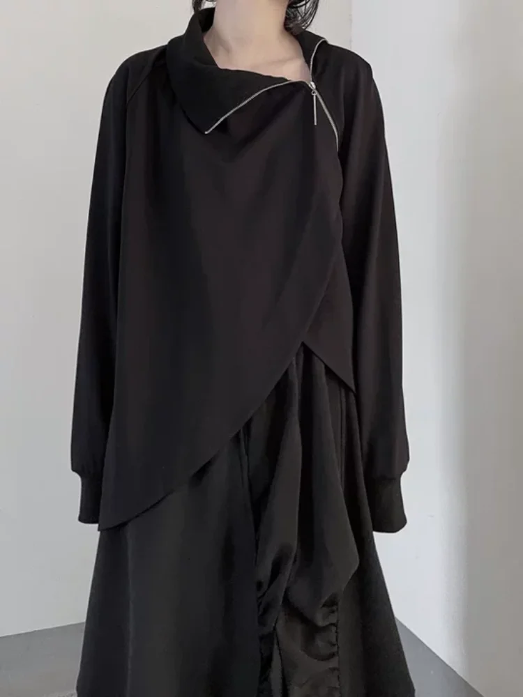 Japanese Harajuku style spicy girl Gothic side zipper high neck sweatshirt autumn and winter Y2K women's slit black loose top