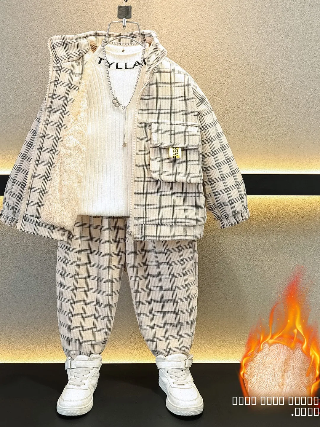

Thiened Fce Autumn Winter Set for Boys Children's Clothing Plaid Cotton Jaet And Pants Outfit for Boys Ages 6-2
