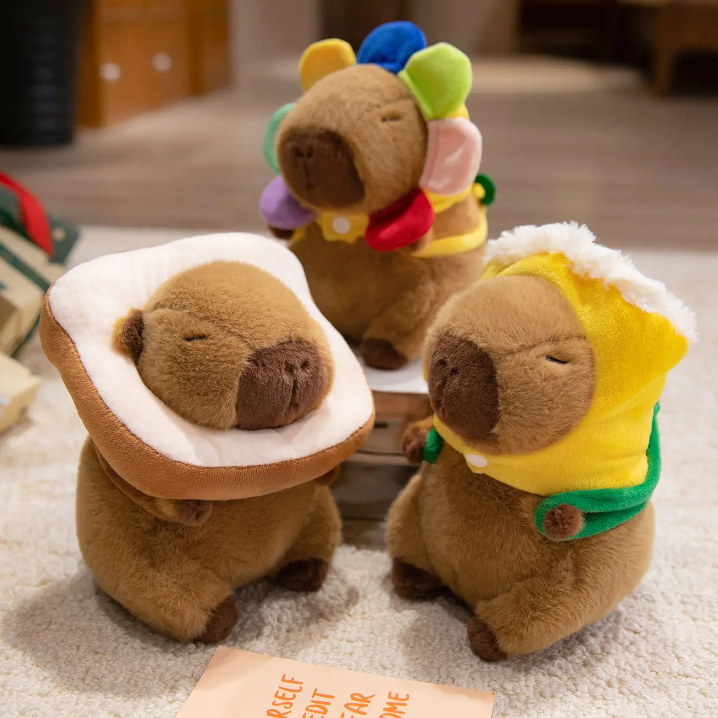 

Cartoon Headgear Capybara Plush Toys Cute Sunflower Bread Beer Capybala Doll Cozy Stuffed Children Companion Desktop Decor