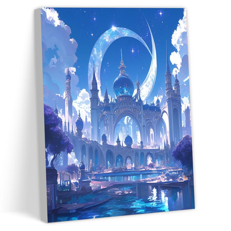 CHENISTORY Painting By Numbers With Frame Crafts Simple Arte With Frame Landscape Blue Castle Canvas Wall Art Artwork Handwork