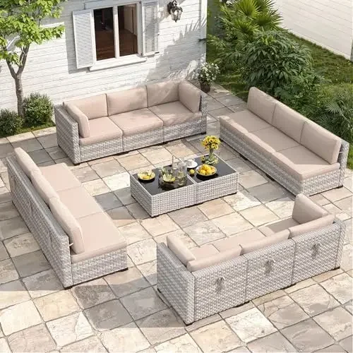 12-Seat Modular Patio Furniture Set – Outdoor Wicker Sectional Sofa with Thick 4″ Cushions, Dual-Strand PE Rattan