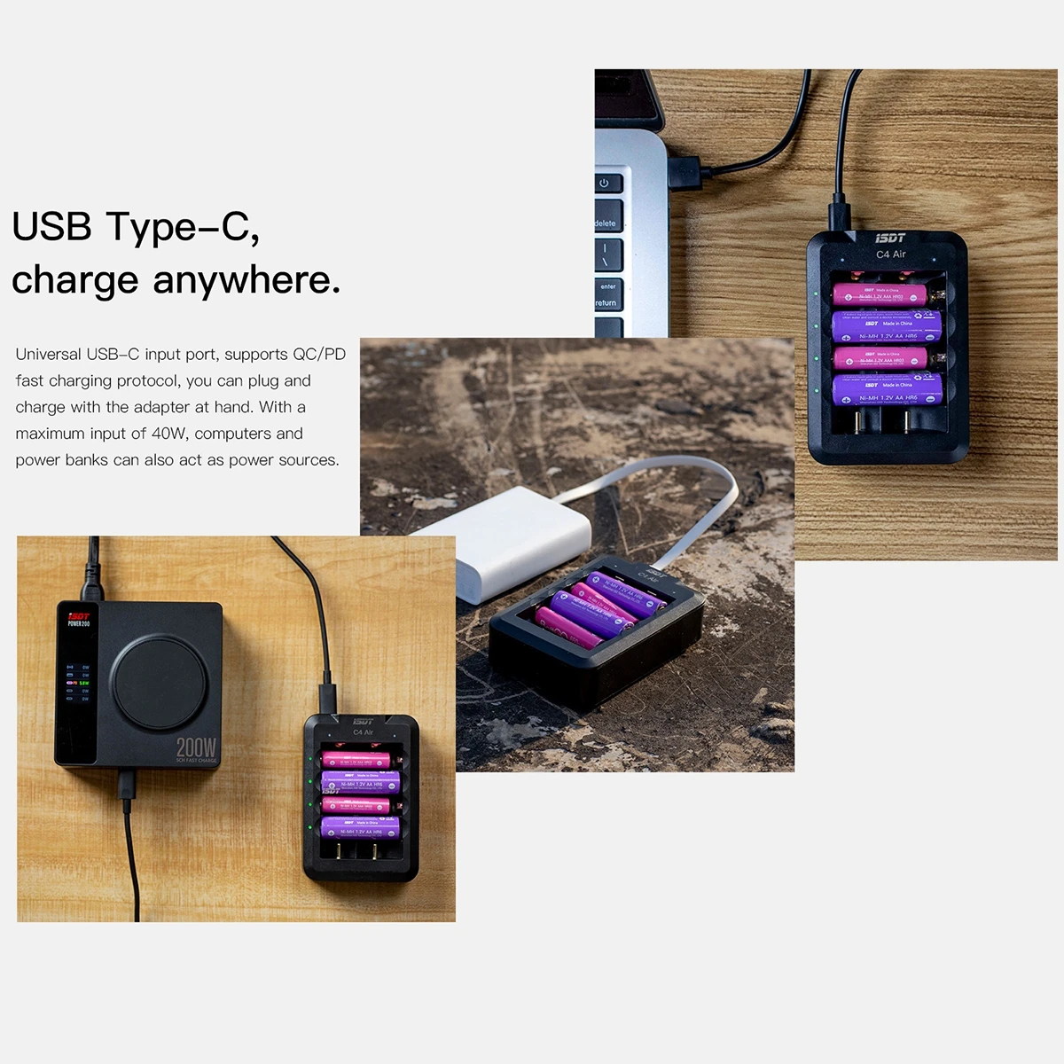 ISDT C4 Air 4-Bay 4A USB-C Smart Battery Charger, APP Connected Universal Charger for AA AAA Li-ion NiMH Batteries