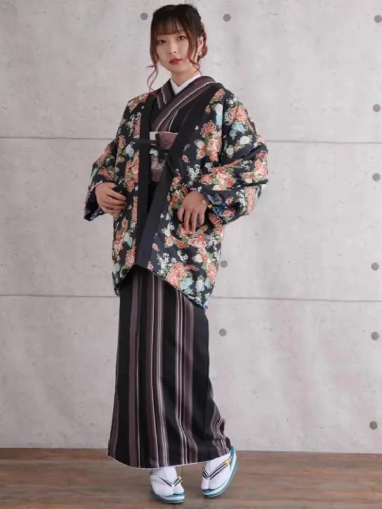Women's Japanese Style Haori Winter Casual Loose Cotton Jacket with Tie Placket Half-Wrapped Design Traditional Kimono