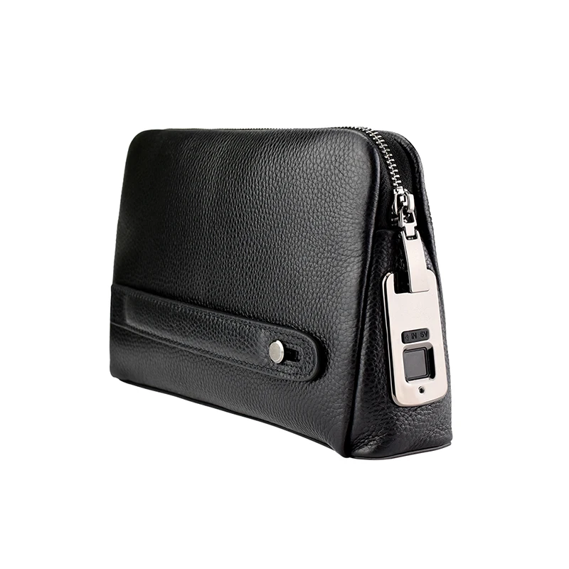 Cartera de cuero con cremallera para hombre, bolso antirrobo de seguridad con huella dactilar inteligente, color negro