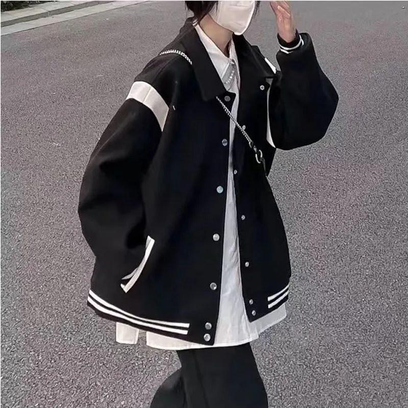 HOUZHOU Streetwear Bomber Jacket Women Korean Fashion Oversize Vintage Y2k Baseball Jackets Black Harajuku Casual College Coats