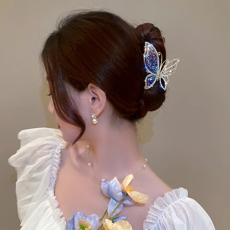 Women's Fashion Metal Hairpin Crystal Butterfly Princess Head Women's Summer High-grade Delicate Hairpin Back Head Shark Clip