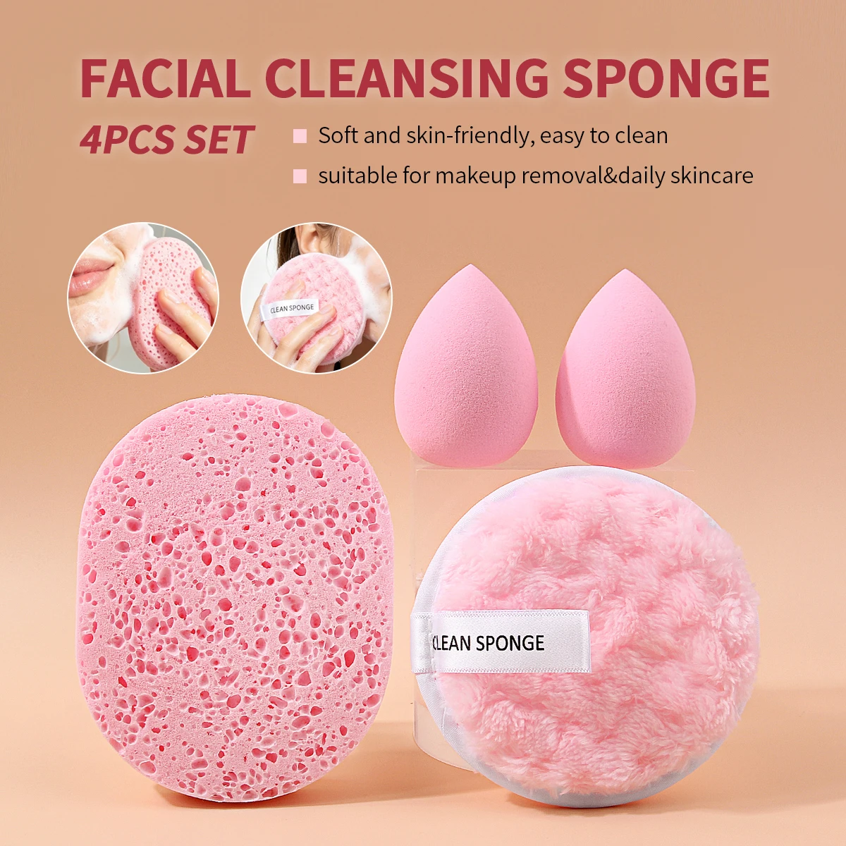 4Pcs Facial Cleansing Sponge Set Soft Skin‑Friendly Makeup Remover Puff Daily Skincare Cosmetic Face Cleaning Beauty Tools