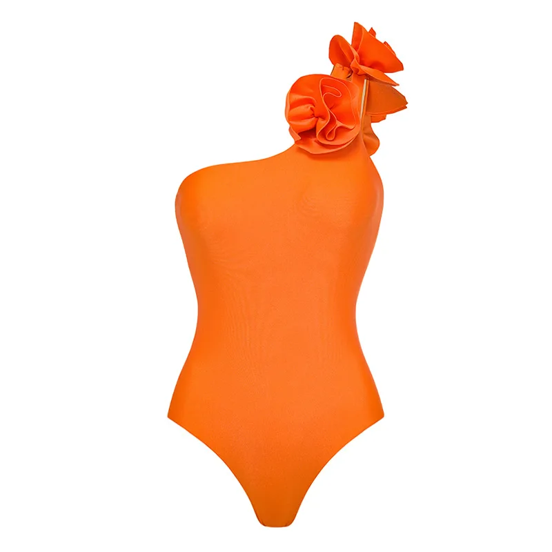 One Piece Swimsuit For Women European And American Swimwear Women's Shoulder D Flower Glossy Solid Color High-end One-piece Swim
