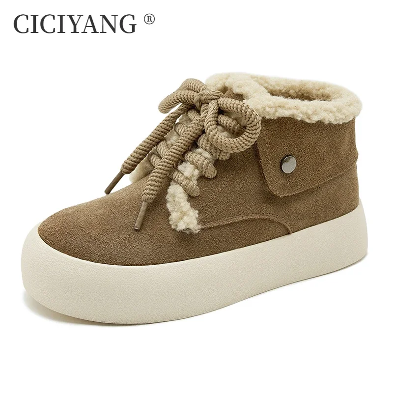 CICIYANG Women Snow Boots Genuine Leather 2024 Winter New Fluffy Warm Flat Women's Ankle Boots Platform Casual Shoes Ladies