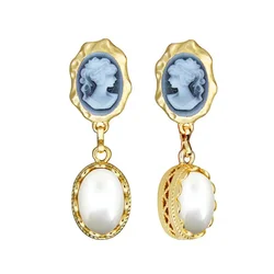 Oval Flower Pink Gray Lady Queen Cameo Stud Earrings For Women Gold Color Dangle Pendant Fashion Stud Cameo Earring
