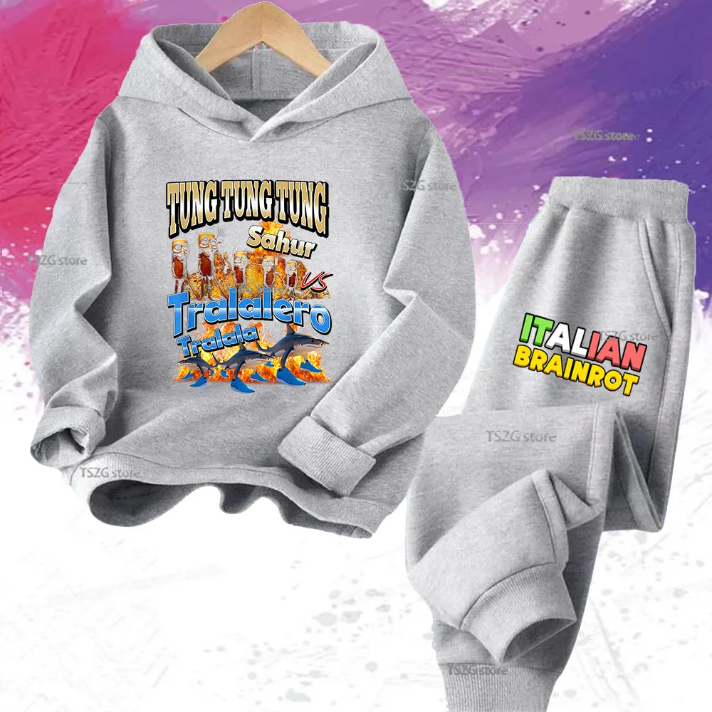 الأطفال الإيطالية Brainrot الحيوان متعة طباعة الاطفال هوديي السراويل دعوى 2 قطعة مجموعة البلوز الخريف موضة بنين بنات مقنعين Pullove