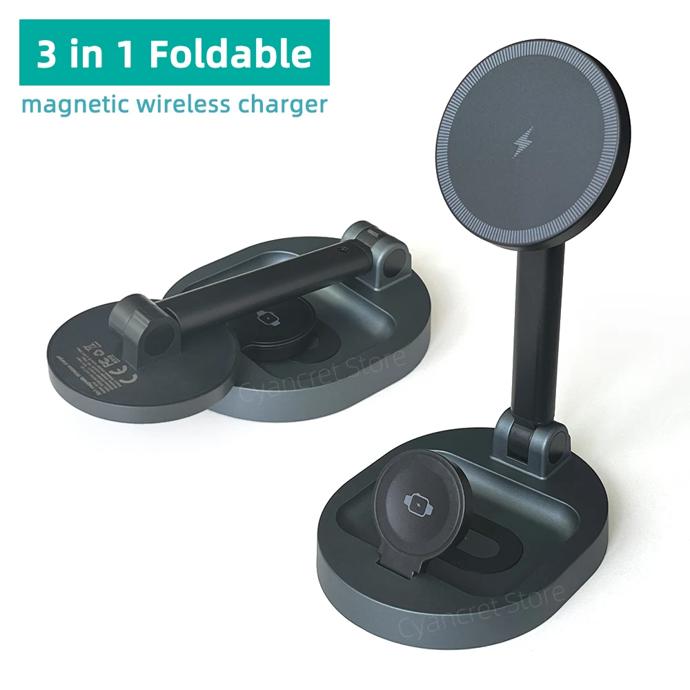 

Портативное магнитное беспроводное зарядное устройство 2025, 15 Вт, станция быстрой зарядки, складной держатель 3-в-1 для iPhone 12-16, Apple Watch AirPods 3-4