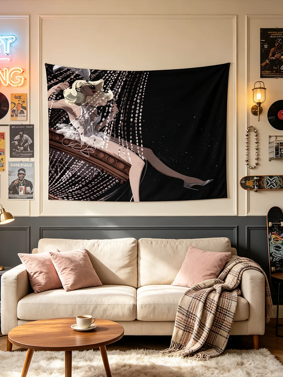 1PC Vintage Flapper Girl Tapestry, Retro Cabaret Lady Beaded Print Wall Hanging, Dark Art Background Cloth Bedroom Decor - view 5
