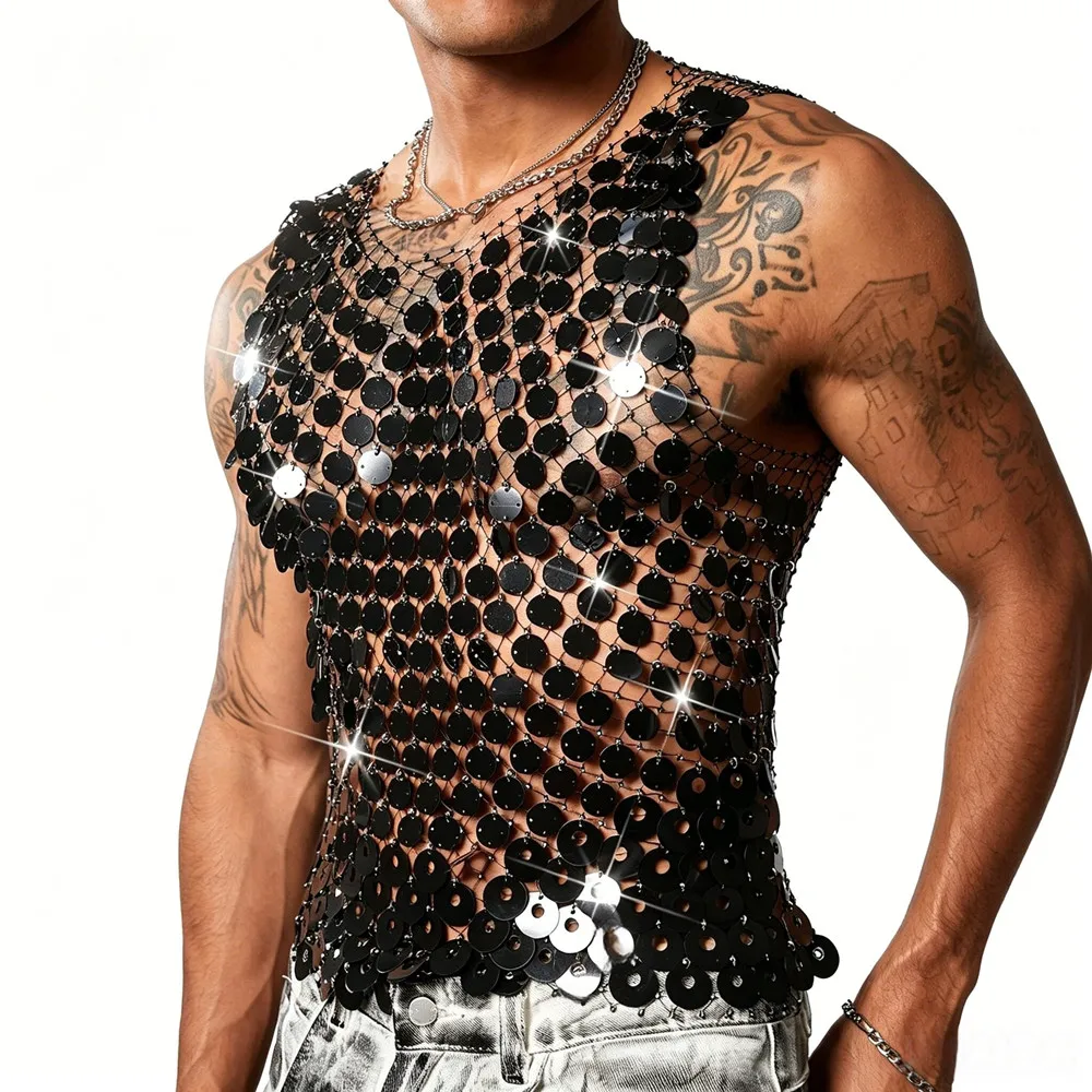 Men Round Sequins Mesh Tank Top Hollow Out See Through Vest Nightclub Singer Stage Costume Disco Rave Festival Party Shiny Top