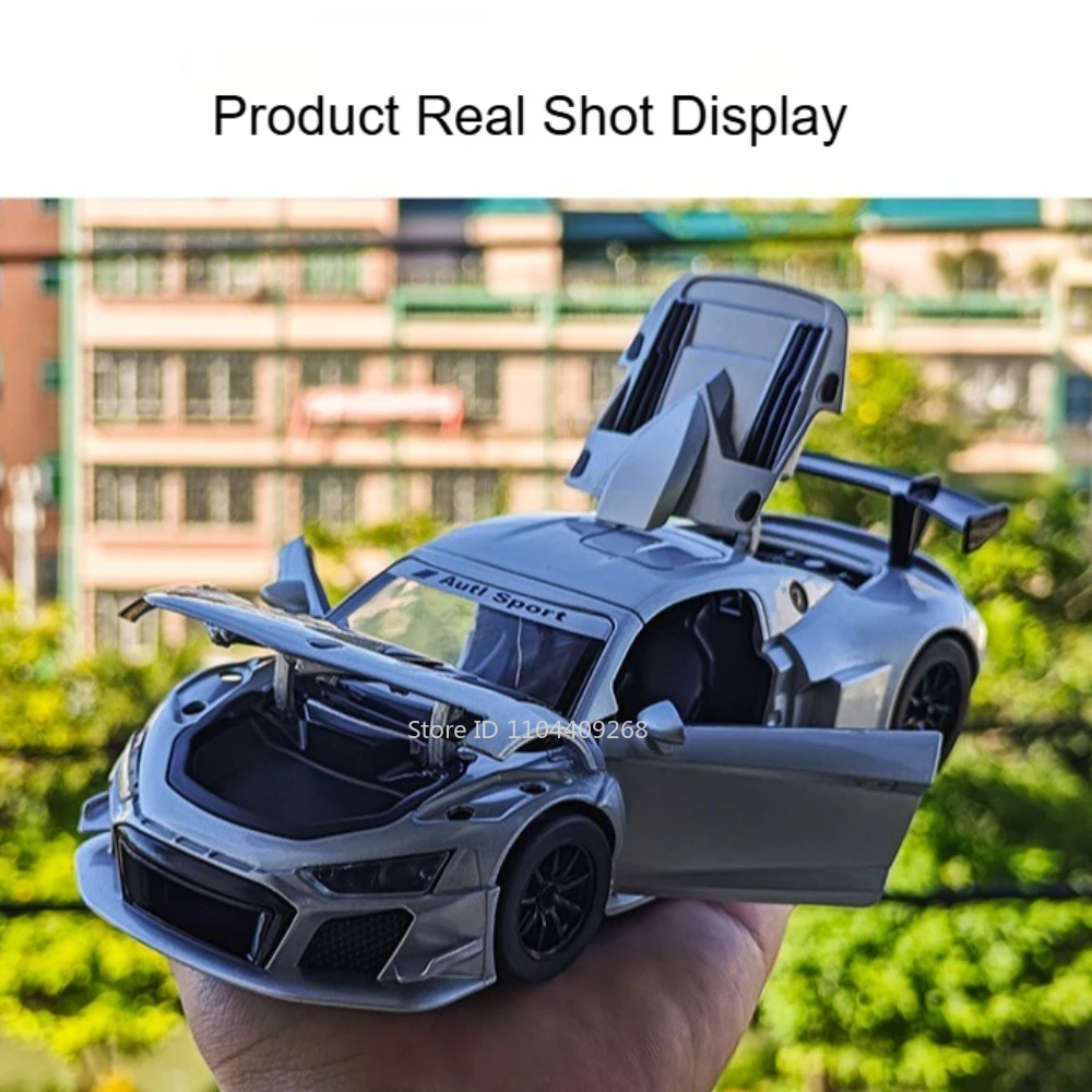 1:24 R8 LMS GT2 RS7 Model Car Toy Sound Light Pull Back Alloy Body Rubber Tires Vehicles Models Toys Home Decoration Ornament