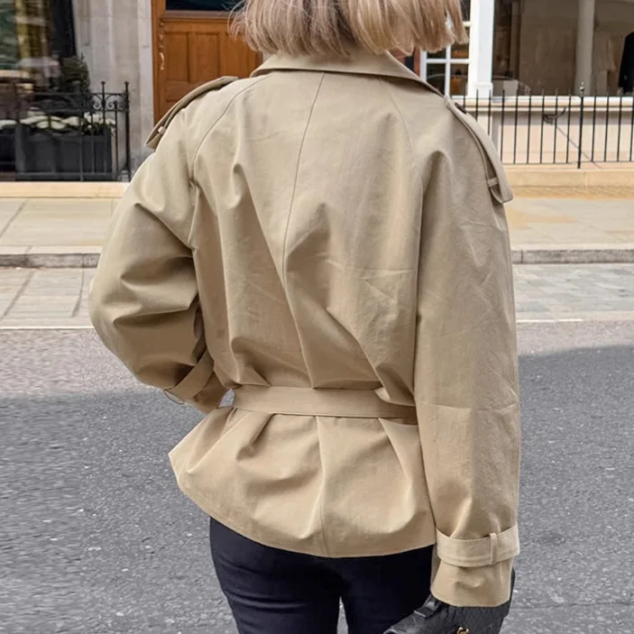 2025 Autumn and Winter New Women's High End Long Sleeve Collar Fashion Versatile Tie Up Waist Warm Windbreaker