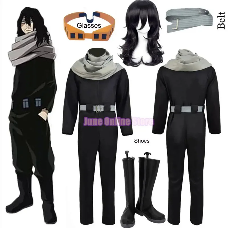 Anime My Hero Academia Aizawa Shouta Cosplay Fantasias, Cabeça de Borracha, Óculos, Roupas Masculinas, Roupa de Desenhos Animados, Perucas, Sapatos