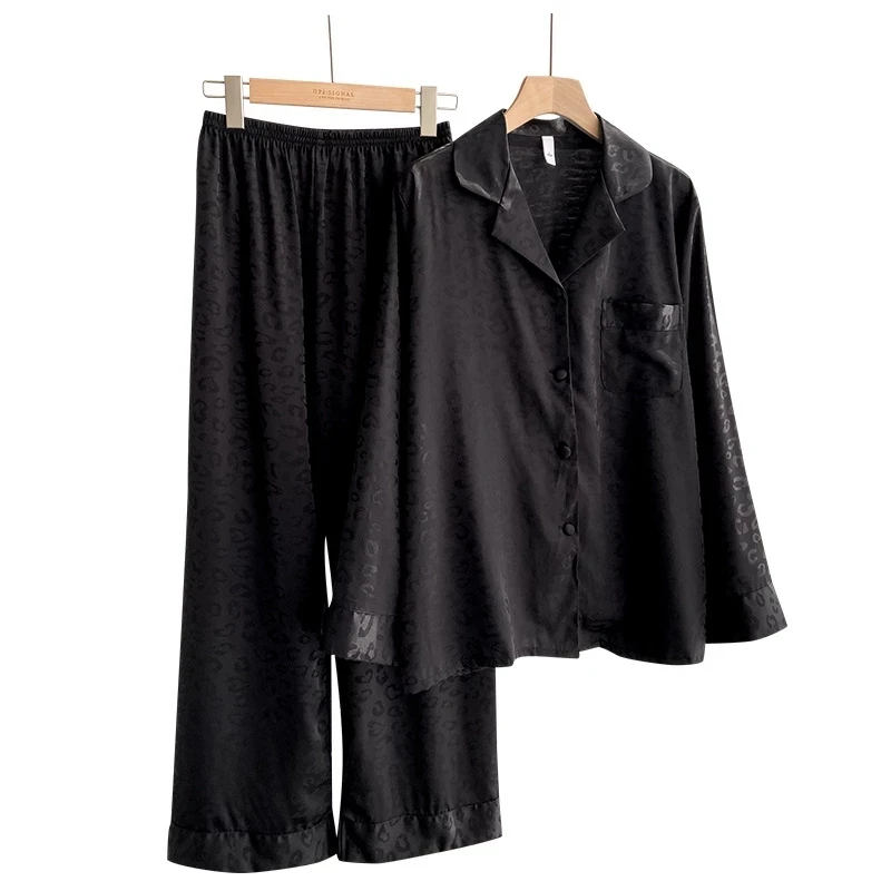 Pajamas Women's Spring and Summer Black Leopard Loose Print Silk Sleepwear for Women Long-sleeved Two-piece Satin Pajama Set