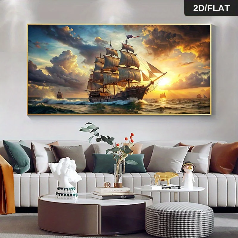 Frameless Modern Abstract Pirate Ship Sailing into Sunset Canvas Wall Art - Vibrant Nautical Painting for Living Room & Bedroom