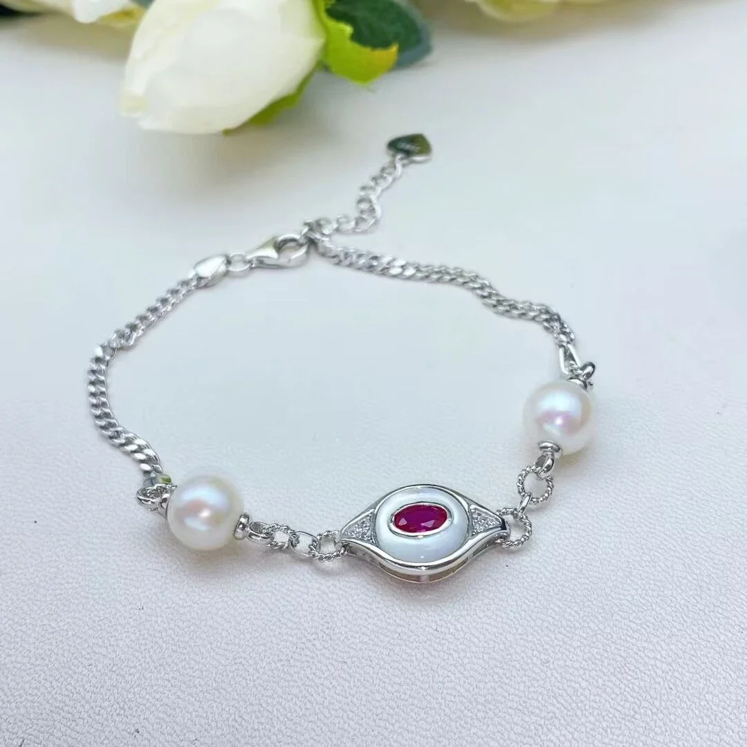 

Новый натуральный жемчуг AAAA6-7 мм, японский жемчуг, инкрустированный красным цирконом, изысканный модный стильный браслет 925s