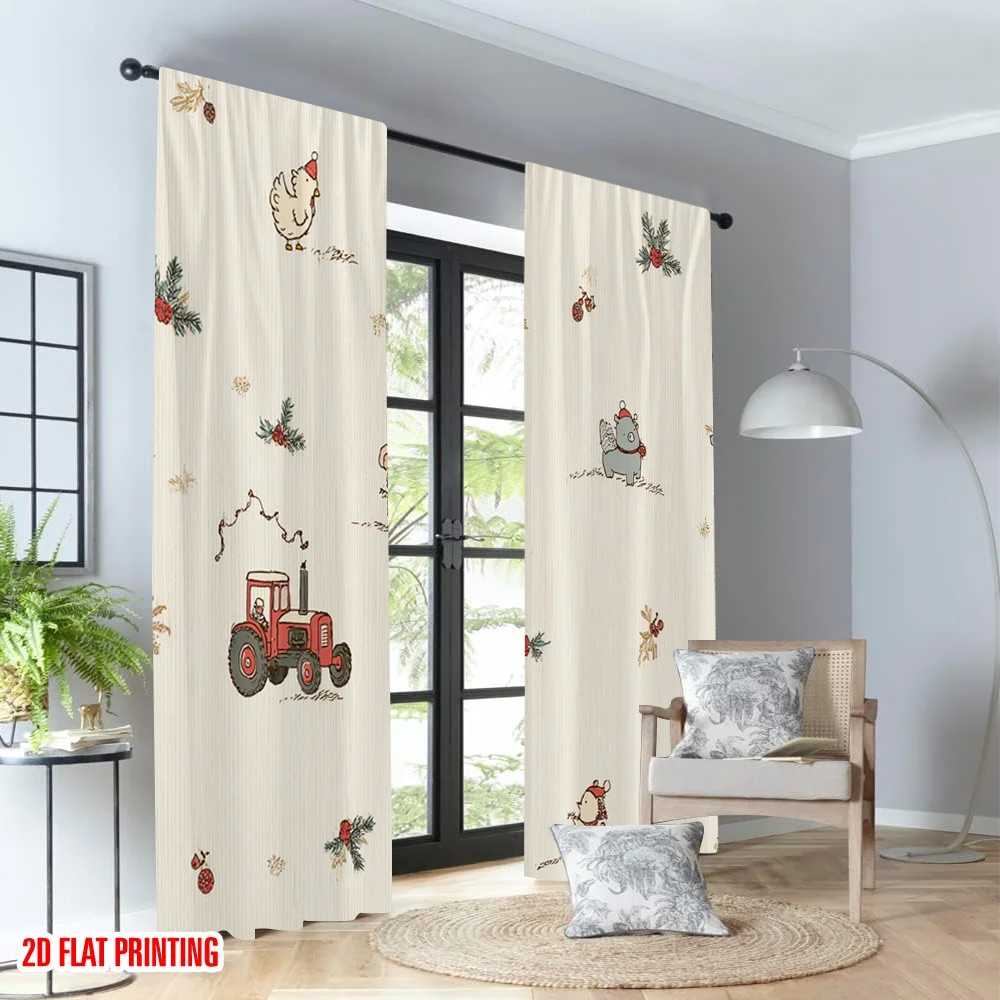 2 قطعة 2D الطباعة المسطحة شعبية عيد الميلاد الستائر لطيف الحيوانات جرار زراعي عيد الميلاد الرقمية المطبوعة البوليستر الستائر الطرف #4