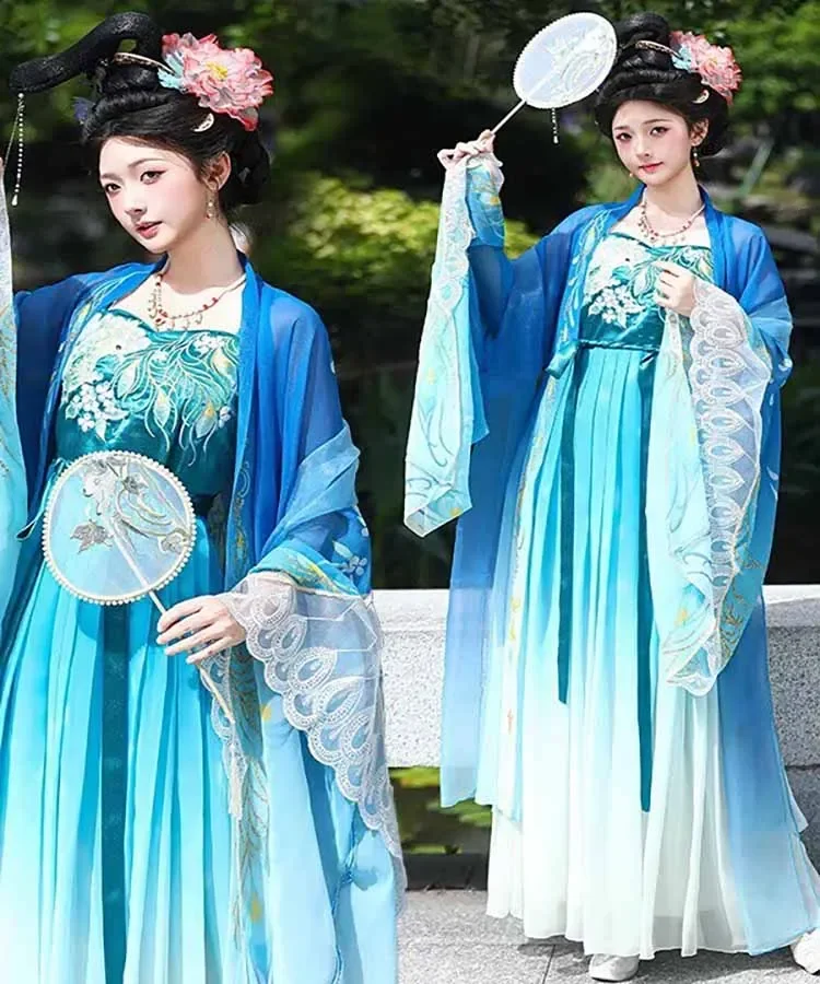 

Large Size 6XL Chinese Hanfu Dress Women Oversized Cosplay Costume Ancient Tang Suits Purple Blue Embroidered Hanfu Dress 4XL