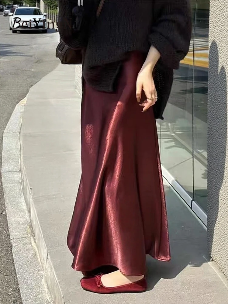 Beiyingni 2025 Fall Winter Women's Satin Long Skirts Elegant High-end Casual Slim Fit French Office Ladies Mermaid Skirt Clothes