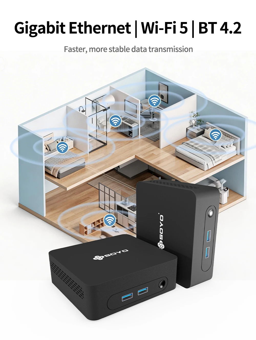 SOYO Mini PC Y5 Intel Core i3 4th Gen Processor 8GB RAM 128GB SSD Windows 10 Mini Desktop Computer Multi-Screen 4K Output WiFi & Bluetooth 4.2 USB-C RJ45 Ethernet Compact Small PC for Home Office Business Daily Use