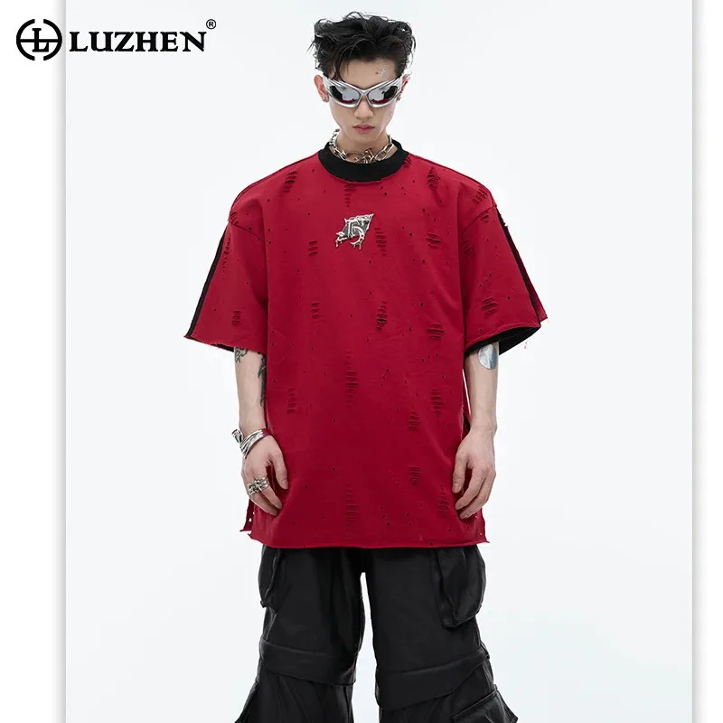 

LUZHEN Fake Two Piece Short Sleeved T Shirt Original Stylish Street Patchwork Wornout Design Loose Cotton Sport Men Tops LZ4757